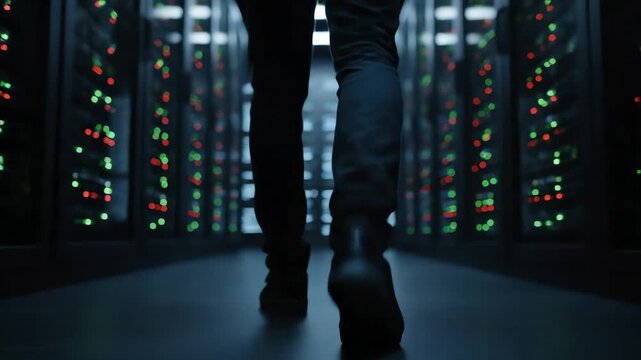 4k video footage of a person walking down a dark server room aisle, close-up view of legs and feet, showcasing data center technology and infrastructure in low light.