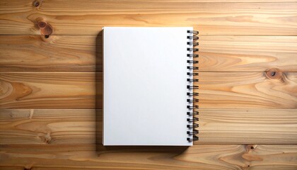 Blank canvas" concept A pristine, open spiral notebook waiting on a rustic wooden table, symbolizing fresh ideas, new beginnings, and limitless creative potential for writing, planning, or sketching