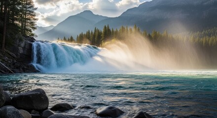 Fototapeta premium Majestic Waterfalls and mountains landscape with clear blue water scenery