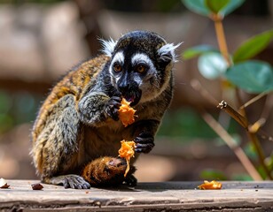 Obraz premium Close-up of a lemur with a piece of fruit in its paws, captured in sharp focus against a blurred background of foliage.