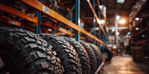 Close-up row of tires on metal shelves in storage warehouse with soft light, concept for automotive industry promotion, transportation infrastructure and tire retail distribution
