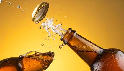 A glass bottle of beer is opened, showcasing the refreshing splash of water and effervescence of the drink against a warm, vibrant backdrop.