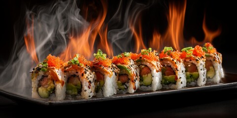 Delicious sushi rolls topped with tobiko and green garnish, on dark plate with fire effect background. Concept for Asian cuisine promotion, restaurant menu design and food photography art