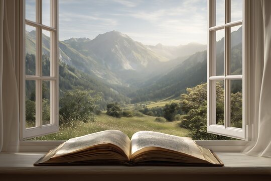 Open book on windowsill with view of serene mountains and meadow landscape through the window, concept for peaceful reading environment, relaxation retreat and inspirational journey