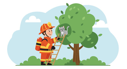 Fototapeta premium Firefighter Rescuing Cat from a Tree Cartoon Illustration.