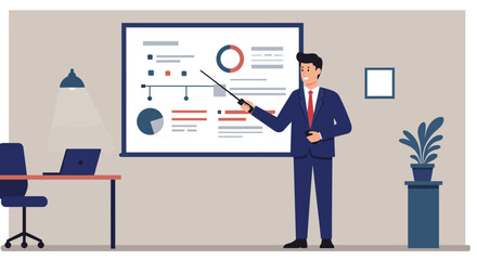 Businessman Presenting Data on a Whiteboard with Pointer.