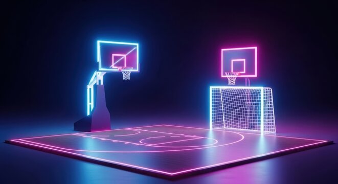 Futuristic Neon Sports Arena with Basketball and Soccer Goals