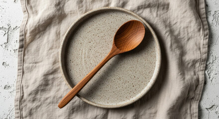 Rustic plate with wooden spoon, top view