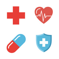 Collection of medical icons including a cross, heart with heartbeat, pill, and a shield with a cross.  These symbols represent health, medicine, and protection.
