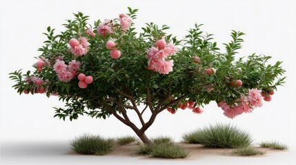 Fototapeta premium Blossoming Tree in Garden: A vibrant tree laden with lush pink blooms and verdant leaves takes center stage. framing a moment of natural beauty.