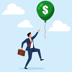 Illustration of a businessman reaching for a balloon with a dollar sign, symbolizing financial success and a growing business.