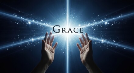 Hands reaching for grace, divine light, seeking spiritual connection