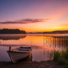 Serene lakeside scene with a boat at dawn reflecting colorful skies