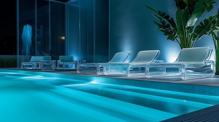 Elegant poolside scene with clear acrylic lounge chairs and a serene blue swimming pool at a luxury resort at night