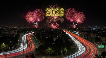 2026 New Year Fireworks Display Over Cityscape with Car Light Trails at Night