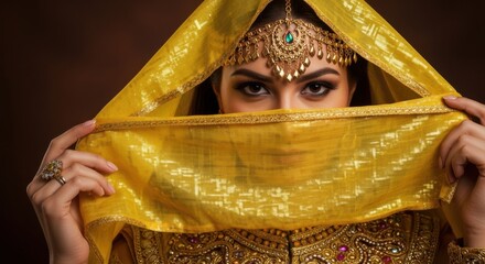 A woman in traditional indian attire with a yellow veil and ornate jewelry