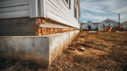 Side angle medium shot of mobile home foundation showcasing various skirting materials with main object crisply detailed and the distant background softly diffused.
