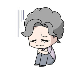 体育座りで落ち込む高齢女性のイラスト