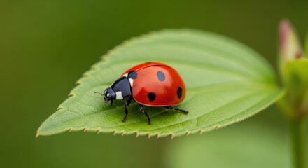 Close-up capture of a red ladybug with black spots resting on a green leaf