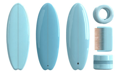 Fototapeta premium Isolated light blue surfboard and accessories on transparent background