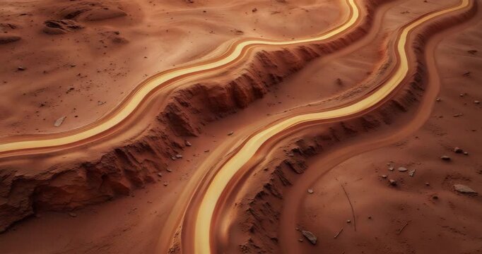 Holding close-up shot revealing two glowing tracks winding across red sand ridges, with pebbles