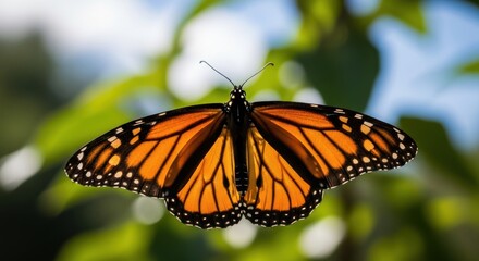Fototapeta premium Vibrant monarch butterfly with open wings amid soft green foliage backdrop
