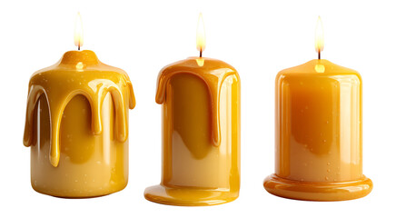 Isolated Set of Yellow Candles with Dripping Wax on Transparent Background