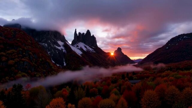 A weather inversion in Slovakia reveals a sunset in the autumn mountains above the clouds. Time-lapse landscape