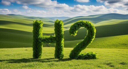 Green Hydrogen Symbol on Rolling Hills Landscape