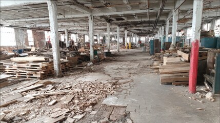 Abandoned Industrial Warehouse Interior with Debris and Wooden Pallets in a Desolate Environment