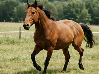 Fototapeta premium Powerful brown horse running freely in an open green field. Symbol of strength, speed, and freedom. Perfect for themes related to nature, wildlife, countryside lifestyle, equestrian sports, and animal