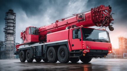 Red Crane Truck with Extended Arm in Industrial Environment under Dramatic Sky