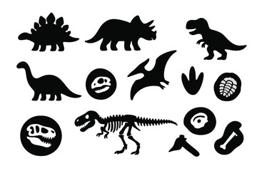 Dinosaur silhouette icon set. Vector collection of prehistoric animals. T-rex, triceratops, stegosaurus. Paleontology fossil, skeleton, skull, bone, and footprint icons.