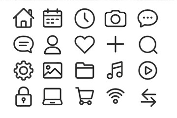 Universal line icon set for web and mobile. Minimalist symbols for user interface design. Vector pictograms home, search, settings, profile, cart, heart, wifi, calendar.