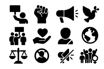 Activism and protest solid glyph icon set. Human rights, social justice, and equality symbols. Vector collection with raised fist, peace dove, protest signs and feminist icons.
