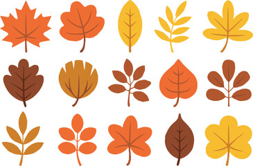 stylized autumn leaves vector grid diverse fall foliage shapes in orange red yellow brown seasonal nature art