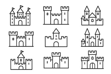 Medieval castle line icon set. Simple outline vector illustration of ancient forts and fortresses. Collection of historical citadel, palace and tower symbols for logo design.