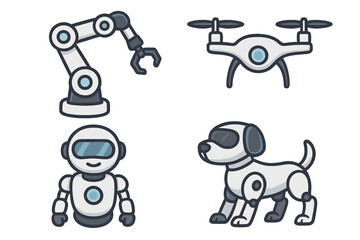 Robotics technology vector icon set. Industrial robotic arm for automation, delivery quadcopter drone, friendly humanoid android, and futuristic robot dog. AI concept illustration.