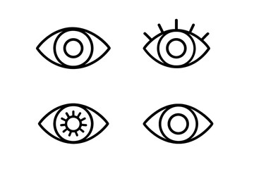 Eye outline icon set. Vision, sight, look symbols. Simple linear vector collection for branding and logo design. Minimalist ophthalmology icons with eyelashes and sun pupil.