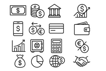 Finance banking line icon set. Money, investment, currency exchange vector symbols. Bank, wallet, credit card, mobile payment, safe, chart, calculator, currency exchange.