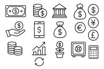 Finance banking line icon set. Money, investment, currency symbols collection. Vector financial icons for business, savings, payment, exchange, profit, economy, dollar, euro.
