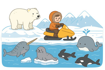 Arctic animals cartoon set in winter landscape. Polar bear, narwhal, seal, orca, whale and person on snowmobile. Cute North Pole wildlife vector illustration for children.