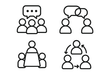 Communication and collaboration outline icon set. Vector symbols for group meeting, teamwork, presentation, and discussion. Business conference and workflow pictogram collection.