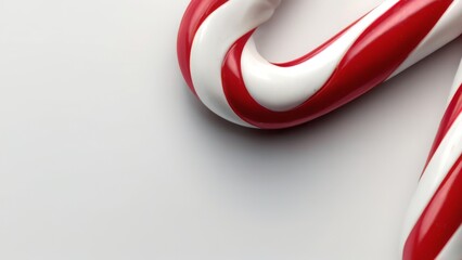Closeup shot of realistic red and white candy cane with curved shape, against plain white background with 3D effect.