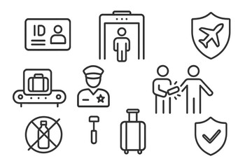 Airport security line icon set for travel safety and passenger screening. Vector icons for customs control, baggage scan, metal detector, passport check, and flight safety.