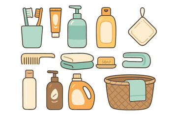 Bathroom essentials and laundry items set. Vector cartoon illustration of toiletries for personal care and hygiene. Daily routine icons: soap, shampoo, toothbrush, detergent.