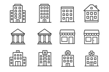 City buildings thin line icon set. Vector symbols for real estate, bank, hospital, store, and home. Urban architecture outline pictograms with editable stroke for web and apps.