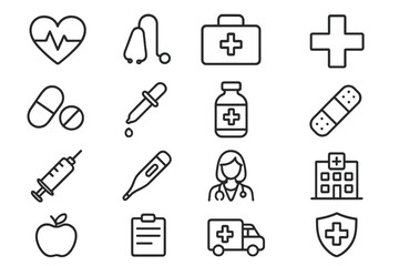 Healthcare medical outline icon set. Health and wellness medicine line collection. Vector symbols for hospital, clinic, pharmacy, doctor, emergency, first aid, ambulance.