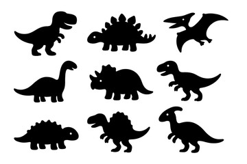 Dinosaur silhouette icon set. Cute prehistoric animal collection for kids. Jurassic and cretaceous dino characters like T-rex, Stegosaurus. Simple black vector fossil shape.