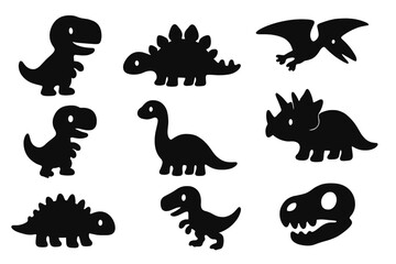 Dinosaur silhouette icon set. Black dino shapes. Prehistoric fossil & jurassic icons for kids. Vector cartoon illustration of T-Rex, Triceratops. Cute monster creature pack.